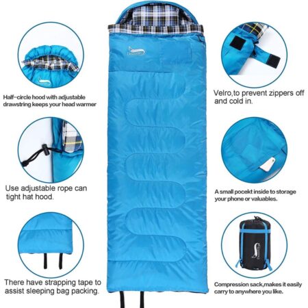 DESERT & FOX Cotton Flannel Sleeping Bag w Pillow, 4 Seasons, Lightweight & Portable Backpacking Sleeping Bag for Outdoor Camping, Hiking & Travelling