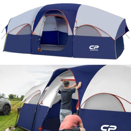 CAMPROS 8-Person Family Camping Tents, Waterproof, Windproof, 5 Large Mesh Windows, Double Layer, Divided Curtain for Separated Room, Portable with Carry Bag for All Seasons