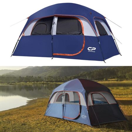 CAMPROS CP Camping Tent 6-Person, Waterproof/Windproof Family Tent with Top Rainfly, 4 Large Mesh Windows, Double Layer, Easy Set Up, Portable with Carry Bag