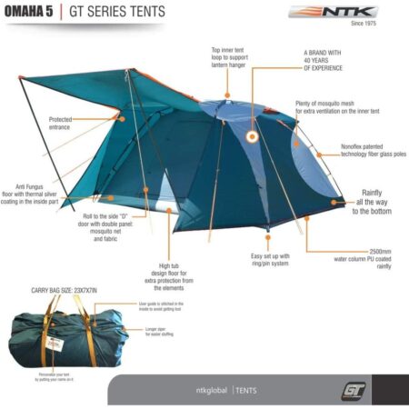 NTK OUTDOORS Omaha GT 5-Person, Outdoor Dome Family Camping Tent, 100% Waterproof, Easy Assembly, Durable Fabric Rainfly, Micro Mosquito Mesh for Extra Ventilation
