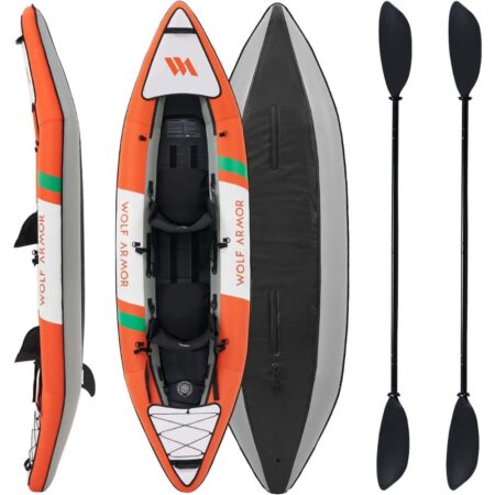 WOLF ARMOR Inflatable Recreational Touring Kayak with EVA Padded Seats, 2 Person Tandem Inflatable Kayak with All the Accessories - Lake, River & Ocean Kayaks for Fishing, Travel & Adventures