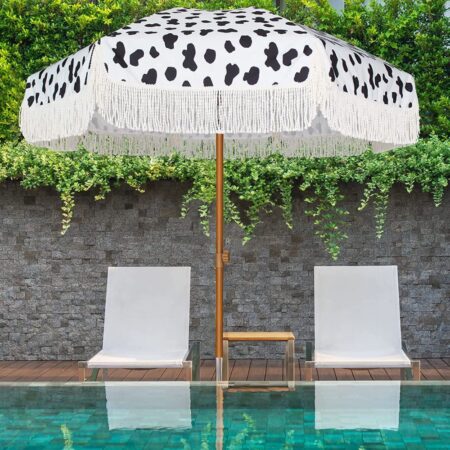 AMMSUN 7ft Fringe Umbrella w Tassels Bobo Beach Umbrella, UPF50+ Wood Colour Steel Pole & Steel Ribs, Push Button Tilt