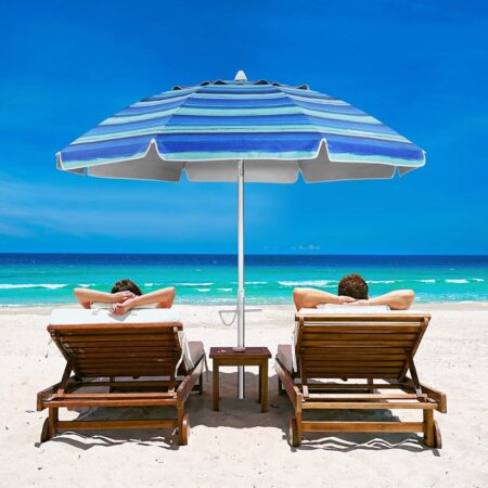 CLISPEED Stripe Beach Umbrella 6.5ft w Sand Anchor, Tilt Aluminium Pole,  Portable, UV 50+ Protection Sun Shelter for Patio, Table, Backyard, Outdoor Activities