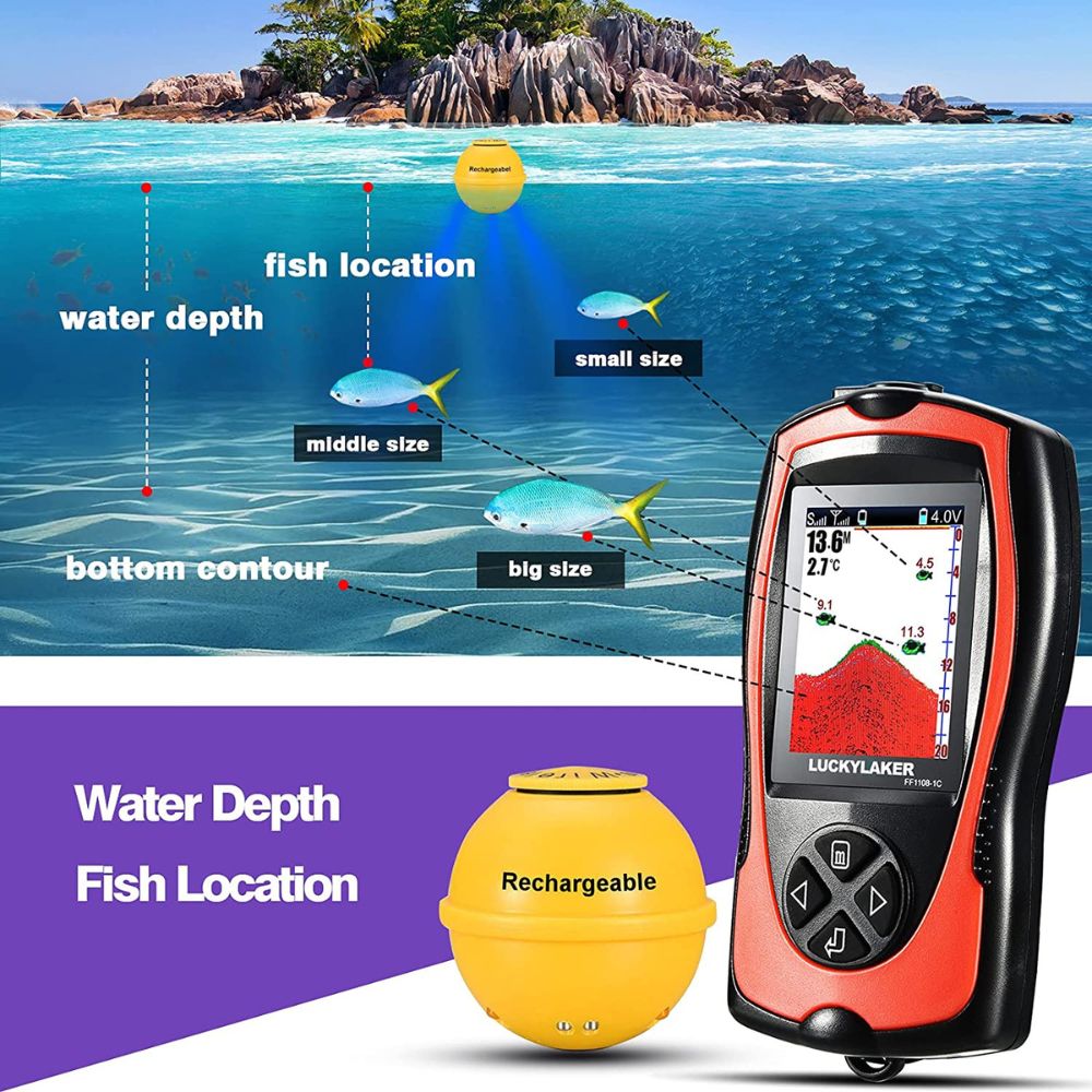 LUCKYLAKER Sonar Kayak Fish Finder, Portable Water Handheld Depth Finder,  Boat Transducer, Wireless Fish Finders/Sea LCD Screen Fishing - Outdoorsi