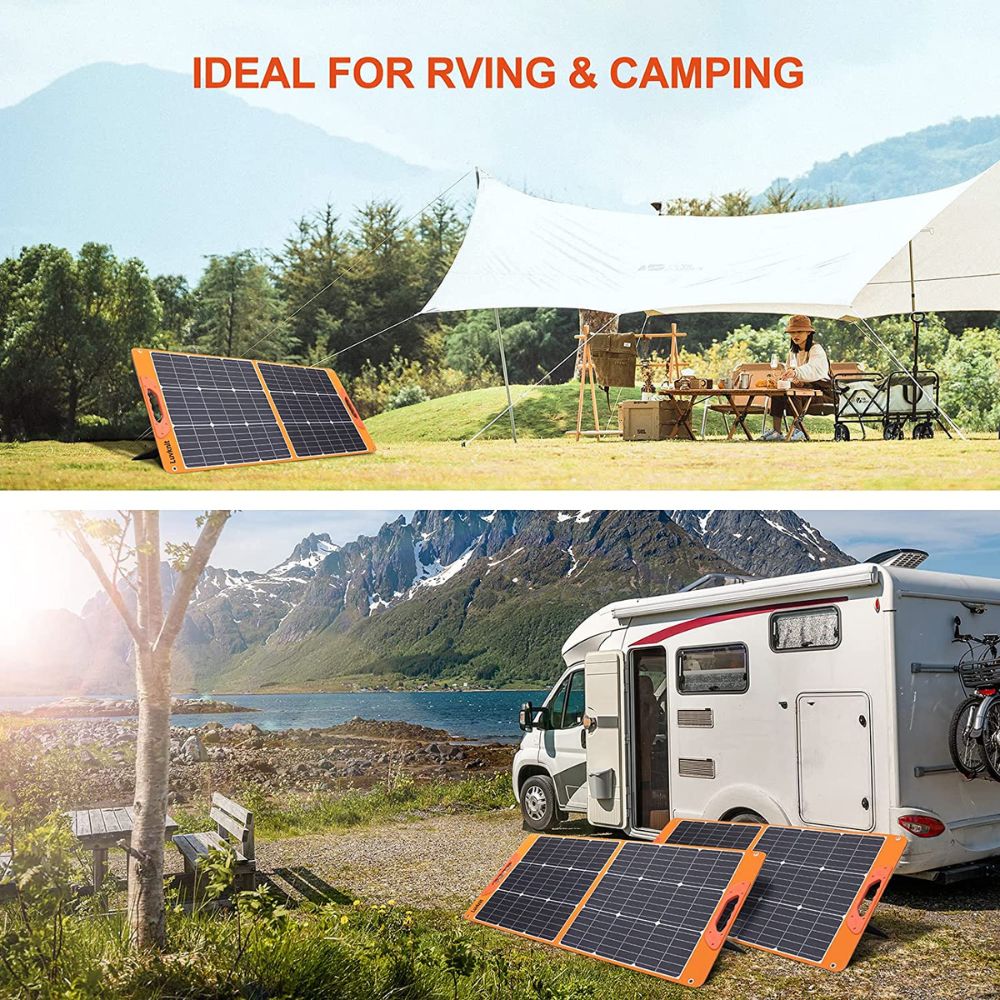 LUVKNIT Solar Panel for Power Station, Foldable 100w, Monocrystalline Folding Panel w 5V USB 18V DC Output for Camping, Hiking, Off-Grid