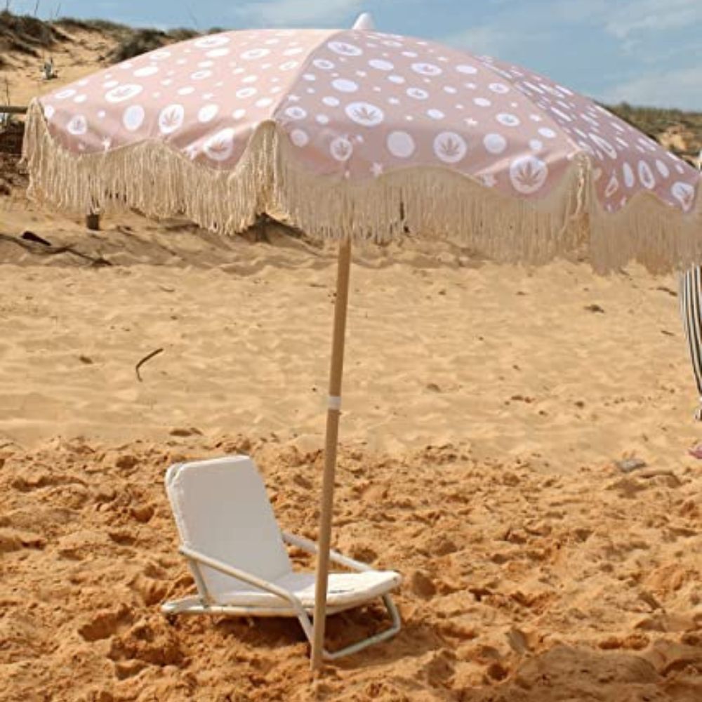 KAILASA Premium Pastel Pink Sea Shell Design Beach Umbrella w White Cotton Tassels, Made of Fully Recycled RPET Material w UV, UPF50+, Water & Mold Treated Canvas