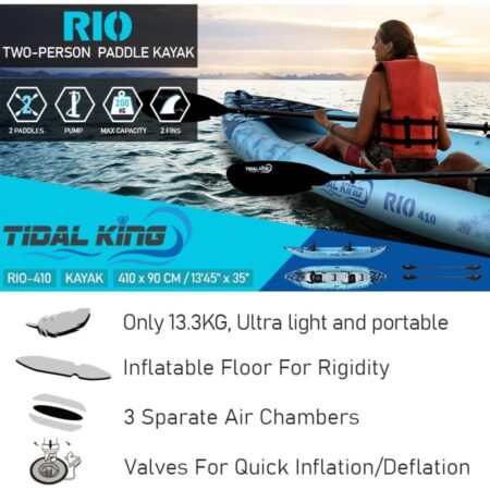 TIDAL KING Premium 2-Person Inflatable Kayak w 2xKayak Paddles, 2xSeats, Pump, Backpack, 20L Dry Bag, Waterproof Phone case