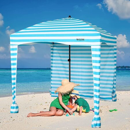 WGOS Beach Tent Canopy, Beach Cabana w One-Side Detachable Cover, Large Space 6ftx6ft, Waterproof & UPF UV 50+++ Sun Protection for Beach, Pool, Outdoor Camping (Blue Stripe)