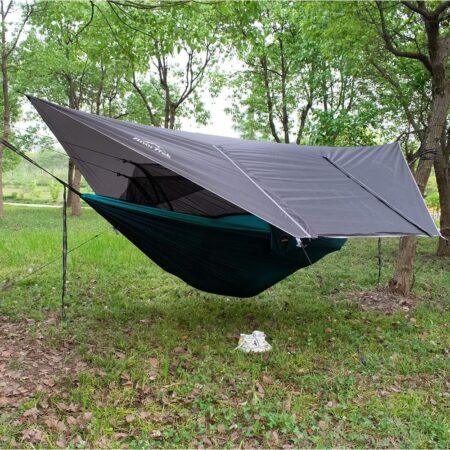 ANORTREK Camping Hammock w Mosquito Net & Rain Fly Tarp, Portable Double Hammock w Two Tree Straps, 210T Nylon Hammock & Waterproof Rain Fly Set for Hiking, Backpacking (Blue)