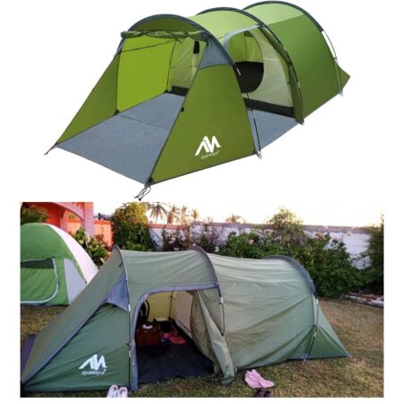 AYAMAYA Camping Tunnel Tents w Vestibule for 2-4 Person, Double Layer, 2-Rooms Living Room + Removable Bedroom, Easy Setup, Survival Tent for Expedition, Motorcycle, Bicycle, Trekking, Backpacking