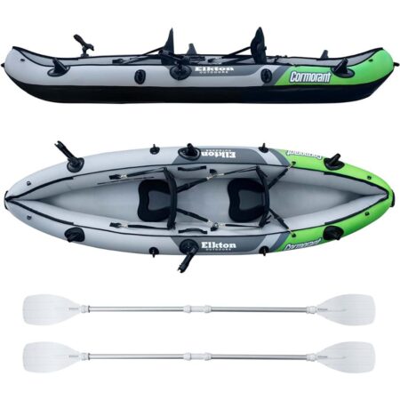 ELKTON OUTDOORS Cormorant 2-Person Tandem Inflatable Fishing Kayak, 10ft w EVA Padded Seats, Includes 2 Active Fishing Rod Holder Mounts, 2 Aluminium Paddles, Double Action Pump & More
