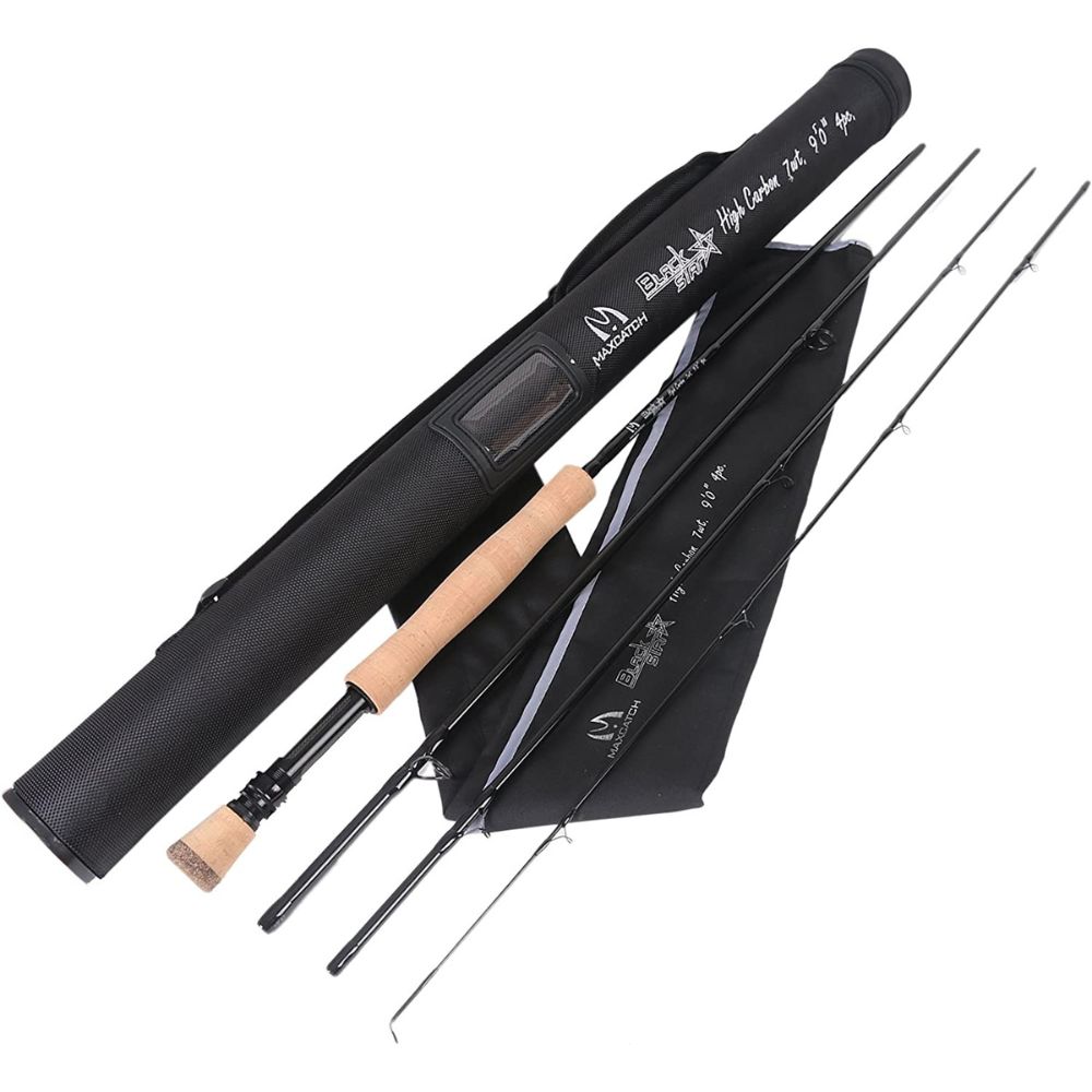 M MAXIMUMCATCH - Maxcatch Black Star Fly Fishing Rod, IM10 Carbon Fibre Pacbay Minima Guide, Anodized Reel Seat, 4-Piece, 4/5/6/7/8