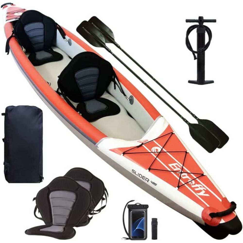SPATIUM 2-Person Inflatable Kayak, Leisure Kayaks, Aluminium Paddle, w Air Cylinder, Foot Pedal, Seat, Travel, Backpack.