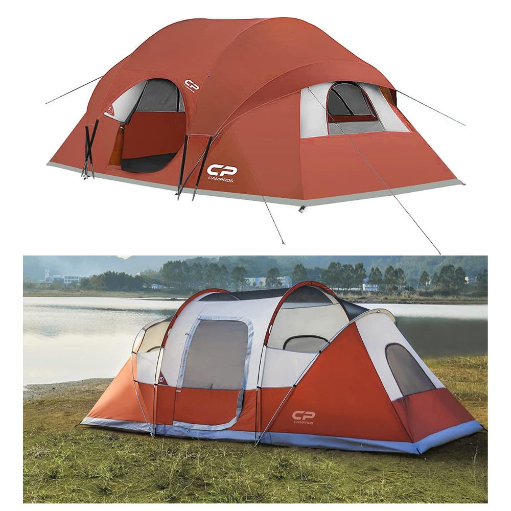 CAMPROS Tent 9-Person Camping Tents, Waterproof, Windproof w Top Rainfly, 4 Large Mesh Windows, Double Layer, Easy Set-Up, Portable w Carry Bag for All Seasons