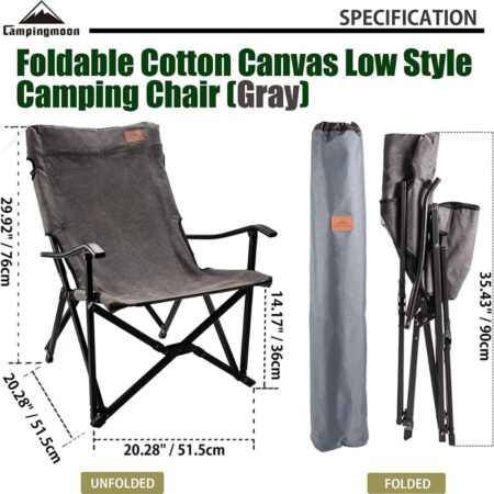 CAMPINGMOON Foldable Cotton Canvas Chair for Campfire, Bonfire, Open Fire Pits, Chair Low Style - Gray F-1003C-H