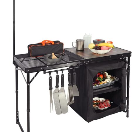 REDCAMP Portable Camping Kitchen Table w Storage Organiser & Hooks, Folding Camping Cook Station for BBQ, Party and Picnic