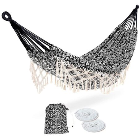 ROOITY Portable Hammock w Tassel, 2-Person, Brazilian Tree Hammocks w Carry Bag for Bedroom, Garden, Backyard, Patio, Outdoor & Indoor, XX-Large Black/White Woven Cotton Fabric, Up to 450Lbs