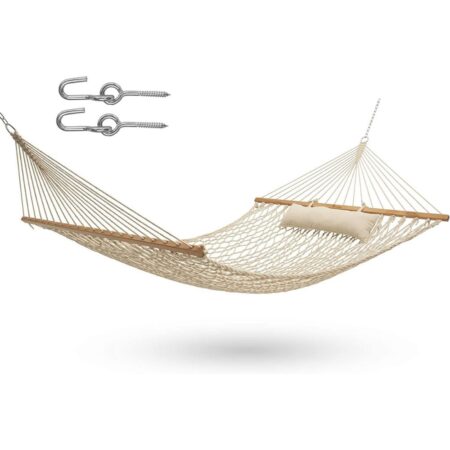 Y- STOP 13.2FT Hammocks, Traditional Cotton Rope Hammock w Chains & Hooks for Outdoor, Indoor, Patio, Yard, Double Solid Wood for Two-Person, Max 440 Lbs (Natural)