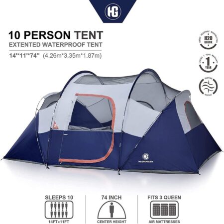 HIKERGARDEN 2021 Upgraded Camping Tent - 10 Person Tent for Camping, Waterproof, Family Tent, Windproof Fabric,  Easy Setup w/ Large Mesh for Ventilation, Double Layer & Divided Curtain