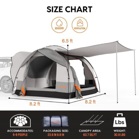 WASAGUN SUV Tent w/ Removable Sun Shelters, PU2000mm, Waterproof Rain Fly, Car Tent for Camping, Outdoor Travel, Up to 6-8 Person, Spacious Room 8.2 ft * 8.2 ft x 6.5 ft